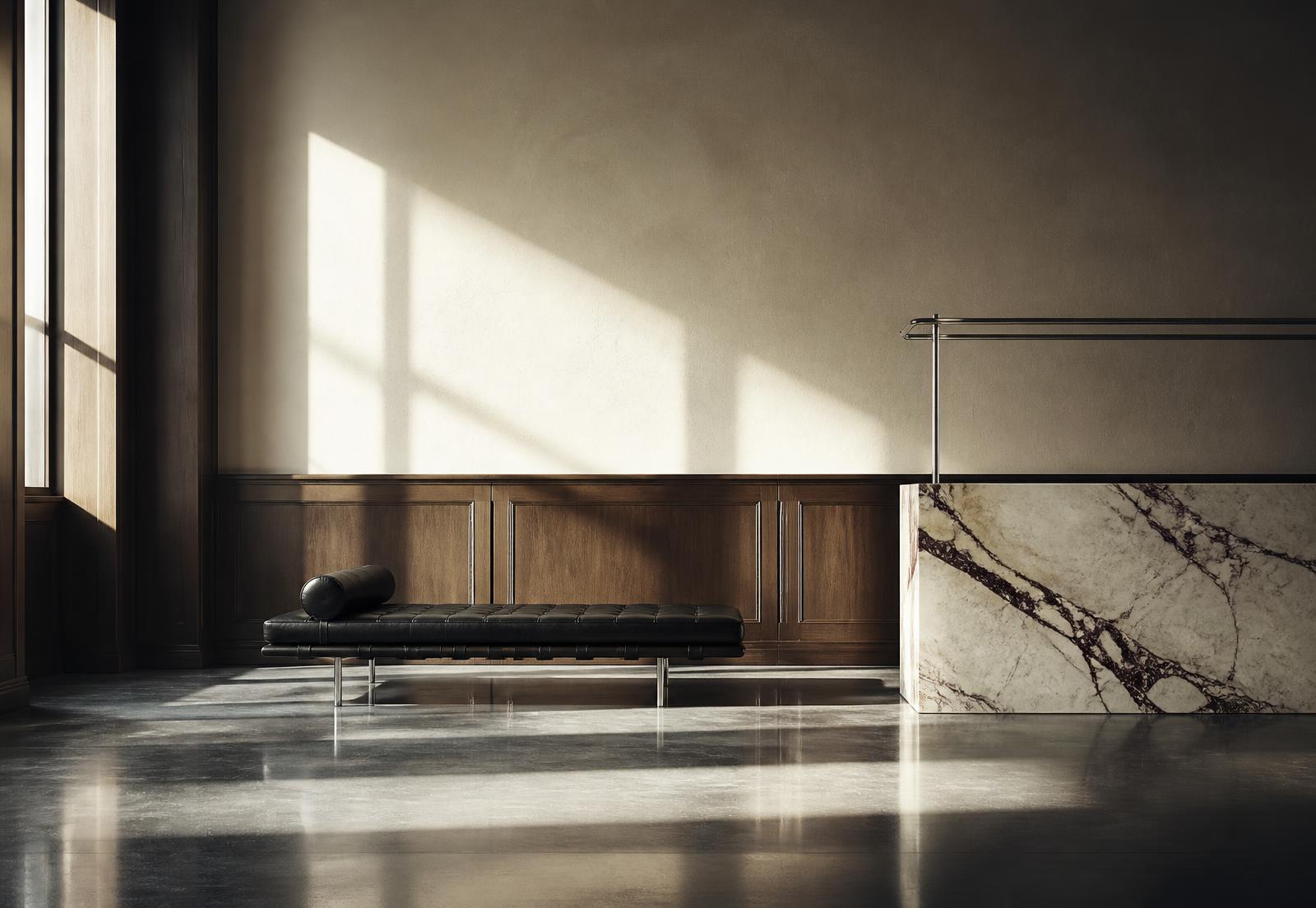 Intérieur d'archive minimaliste : mur ivoire, noyer foncé, cuir noir et marbre Calacatta